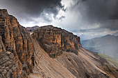 Forcella Pordoi and Piz Boè from the Pordoi Cable car during a storm. Pordoi Pass, Fassa Valley, Trentino, Dolomites, Italy, Europe.