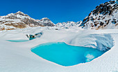 Glacial thaw water lake. Aletschglacier, Vallese, Switzerland, Europe.