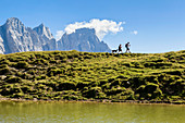 Wandern im Regionalpark Paneveggio Pale di San Martino, im Hintergrund der Gipfel Cimon della Pala, Trentino Alto Adige, Italien, Europa