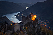 Schoenb?hel-Aggsbach, Wachau, district of Melk, Lower Austria, Austria, Europe. The castle ruins of Aggstein at dusk