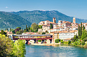 Bassano del Grappa, Vicenza province, Veneto, Italy, Europe. View of the medieval town of Bassano del Grappa and its famous old bridge