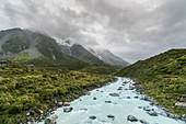 Hooker River. Hooker Valley, Mount Cook National Park, Mackenzie district, Canterbury region, South Island, New Zealand.