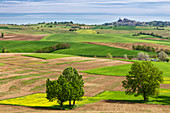 Monferrato, Asti Bezirk, Piemont, Italien. Landschaften der Weinregion Monferrato im Hintergrund des Dorfes Vignale Monferrato