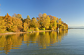 Blick auf den Starnberger See im Herbst, Ammerland, Münsing, Fünfseenland, Oberbayern, Bayern, Deutschland