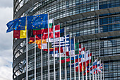 National flags of European nations in front of the EU Parliament in Strasbourg