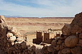 View from a hill on the Kasbah Ait Ben Haddou and the desert, Ait Ben Haddou, Morocco