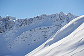 Skiers in deep snow, Austria, ski tours, freeride, South Tyrol, wintry mountains