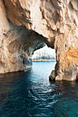 Cliffs and cave at the sparsely populated western coast of Zakynthos, Zakynthos, Ionian Islands, Greece