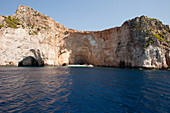 Cliffs and caves at the sparsely populated western coast of Zakynthos, Zakynthos, Ionian Islands, Greece