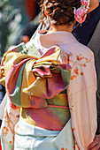 Detail of a girl wearing a kimono, Sensoji Temple, Asakusa, Tokyo, Japan, Asia