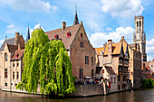 Medieval City Centre, UNESCO World Heritage Site, framed by Rozenhoedkaai canal, Bruges, West Flanders, Belgium, Europe