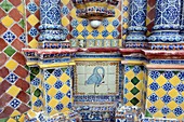 Colorful tiles surface with swan motif at the San Francisco de Acatepec church at Puebla, Mexico
