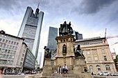 High-rise buildings with Commerzbank building behind the Goetheplatz in the banking district, Frankfurt am Main, Hesse, Germany