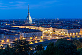 View of Turin and Mole Antonelliana from Santa Maria del Monte dei Cappuccini at dusk, Turin, Piedmont, Italy, Europe