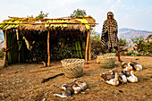 Mann verkauft Gänse bei Ranomafana, Region Haute Matsiatra, Madagaskar, Afrika