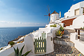 View of windmill overlooking Oia village, Santorini, Cyclades, Aegean Islands, Greek Islands, Greece, Europe