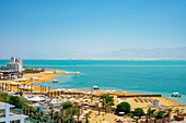 Aerial view of hotel and resort on shore of Dead Sea, Ein Bokek, Southern District, Israel