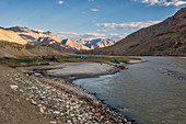 People camping with rafts near Zanskar River, around Pidmo below Zangla, Ladakh Region, Jammu and Kashmir, India