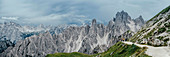Scenic panoramic view rugged mountain peaks, Drei Zinnen Nature Park, South Tyrol, Italy