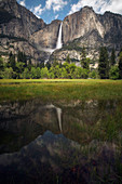 Wasserfall reflektiert sich auf überschwemmter Wiese, Yosemite Falls, Yosemite National Park, Kalifornien