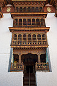 Powerful construction in Punakha Dzong, winter residence of Je Khenpo, second largest and second oldest temple in Bhutan, Punaka, Bhutan, Himalayas, Asia
