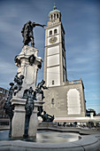 Augustus fountain at the town hall square with view of city founder Augustus and the Perlachturm, UNESCO world heritage historical water management, Augsburg