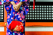 Nahaufnahme einer Frau im Kimono mit Geldbörse, Kyoto, Japan