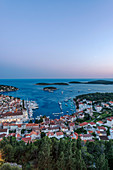 Aerial view of coastal town on hillside, Hvar, Split, Croatia
