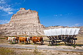 Oxen pulling covered wagon by rock formation, Scott's Bluff National Monument, Nebraska, United States