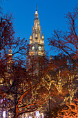 Christmas lights in front of the town hall, Rathausplatz, Christkindlmarkt, 1st district Inner City, Vienna, Austria