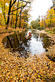 Kanufahren im Herbst auf dem Rakotzsee, Sachsen, Deutschland
