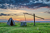 Traditional drawing fountain with paints in the background, Neusiedler See, National Park Neusiedler See, UNESCO World Heritage Neusiedler See, Burgenland, Austria