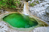 Waterfall at the Cadini del Brenton, Valle del Mis, Bellunesian Dolomites National Park, Dolomites, UNESCO World Heritage Dolomites, Veneto, Italy