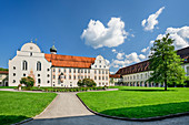 Monastery garden with Benediktbeuern Abbey, Benediktbeuern, Upper Bavaria, Bavaria, Germany
