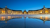 France, Gironde, Bordeaux, area listed as World Heritage by UNESCO, on the Place de la Bourse, the Palais de la Bourse eighteenth century, the fountain of the Three Graces and the tram reflecting in Mirror Water from 2006 and directed by Jean Max Llorca caretaker and architect Pierre Gangnet and planner Michel Corajoud