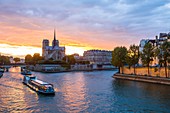 France, Paris, area listed as World Heritage by UNESCO, Ile Saint Louis, Notre Dame Cathedral and a riverboat