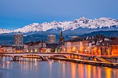 France, Isere, Grenoble, dusk on the banks of the Isere river, Belledonne massif in the background