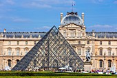 France, Paris, area listed as World Heritage by UNESCO, Louvre Museum, the Louvre Pyramid by the architect Ieoh Ming Pei and the facade of the pavilion Richelieu