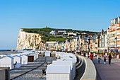 France, Somme, Mers-les-Bains, searesort on the shores of the Channel, the beach and its 300 beach cabins, the chalk cliffs in the background
