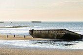 France, Calvados, Arromanches les Bains, historic place of the Normandy landings, remains of the artificial harbour Mulberry B or Winston harbour on the beach