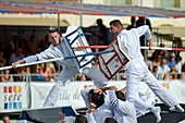 France, Herault, Sete, Festival of Saint Louis, jousters on the tintaine armed with their lances and protected by their shields