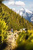 Young woman hiking in the Karwendel with spring-like conditions and snowy mountains in the background, Hinterriß, Tyrol, Austria