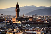 Evening view from Piazza Michelangelo of the Palazzo Vecchio and Florence, Toscana, Italy