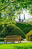 Oliwski Park, french garden. Archcathedral baroque church in Gdansk Oliwa, dedicated to The Holy Trinity, Blessed Virgin Mary, and St. Bernard. Gdansk Oliwa, Pomorze region, Pomorskie voivodeship, Poland, Europe