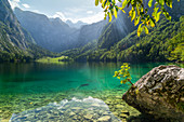 Obersee, Blick auf Fischunkelalm und Teufelshörner, Nationalpark Berchtesgaden, Berchtesgadener Land, Bayern, Deutschland, Europa