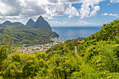 View of Soufriere with the Pitons, UNESCO World Heritage Site, beyond, St. Lucia, Windward Islands, West Indies Caribbean, Central America