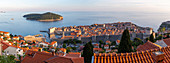 Panoramic view of the Old Walled City of Dubrovnik at sunset, UNESCO World Heritage Site, Dubrovnik Riviera, Croatia, Europe