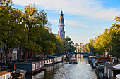 A view down Prinsengracht towards Westerkerk, Amsterdam, North Holland, The Netherlands, Europe