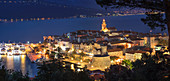 View over the Old Town of Korcula at night, Island of Korcula, Dalmatia, Croatia, Europe