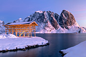 Stockfish drying racks, Sakrisoy, Moskenesoya, Lofoten islands, Nordland, Arctic, Norway, Europe